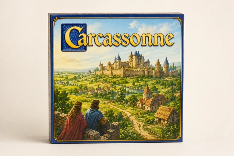 Scatola Carcassonne edizione base con tessere paesaggio e meeple